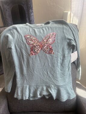 Girls' Long-Sleeve Sequin Butterfly Peplum Top - Light Teal